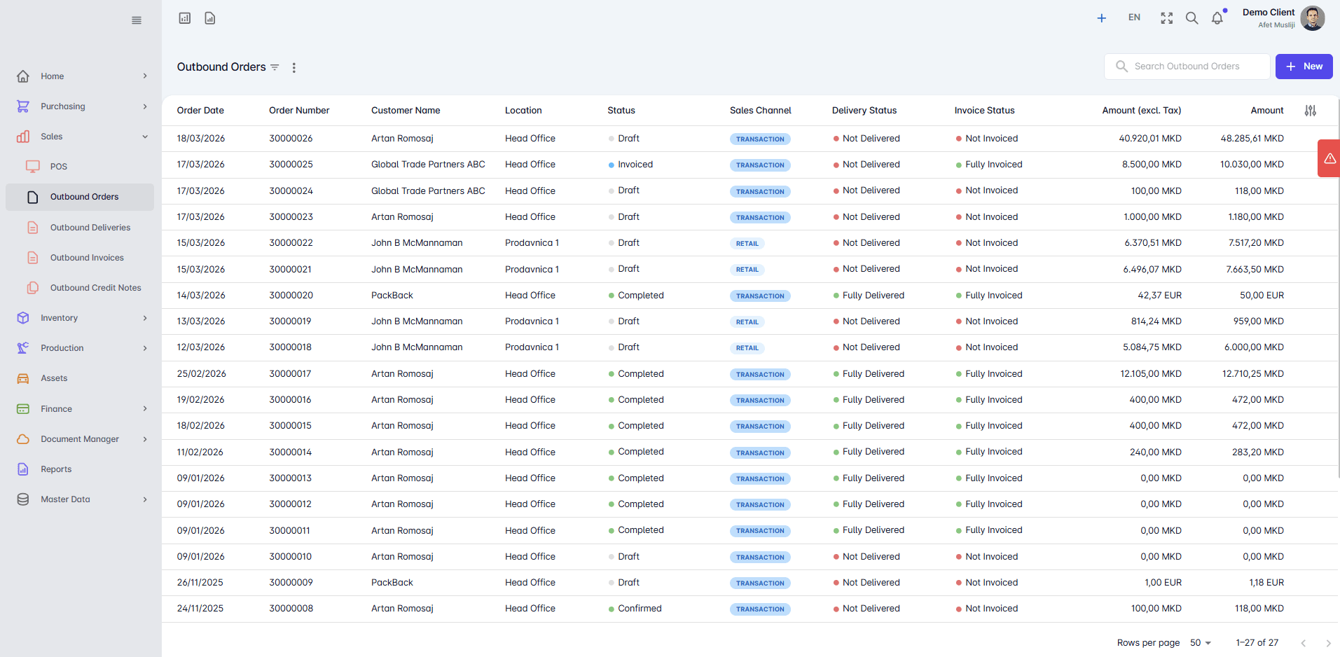 Outbound Orders list view
